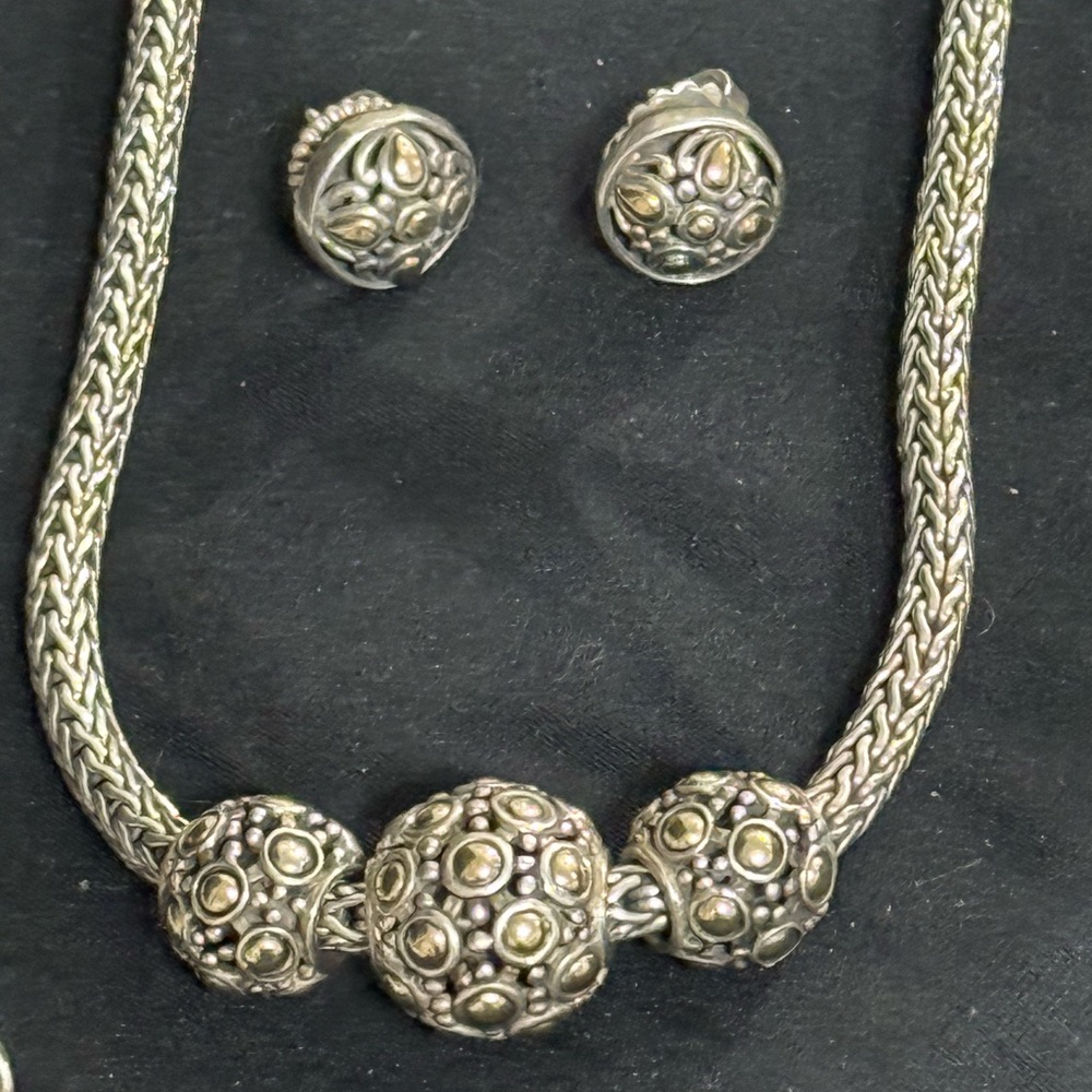 John Hardy 18k/925 Jaisalmer 16” Trio Ball Pendant Necklace/Chain & Earrings